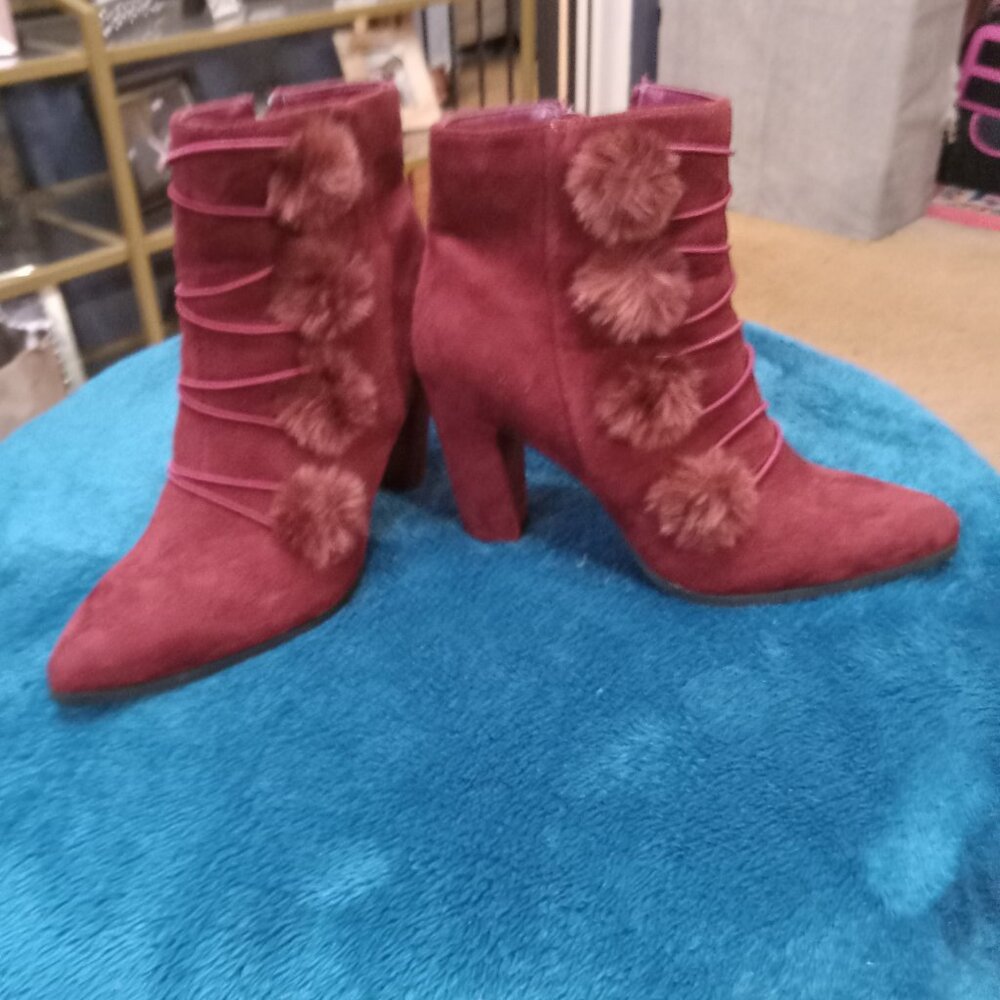 EUC Burgundy Suede Pom-Pom Ankle Boots